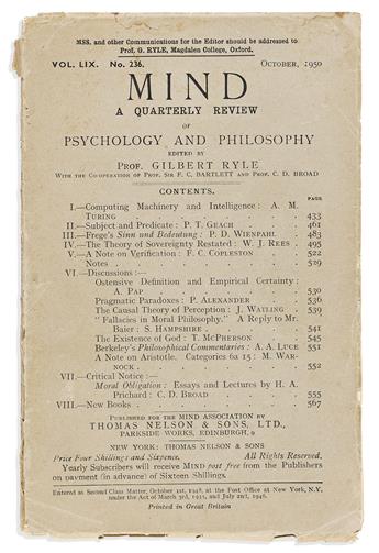 Turing, Alan (1912-1954) Computing, Machinery, and Intelligence, published in Mind: a Quarterly Review of Psychology and Philosophy.